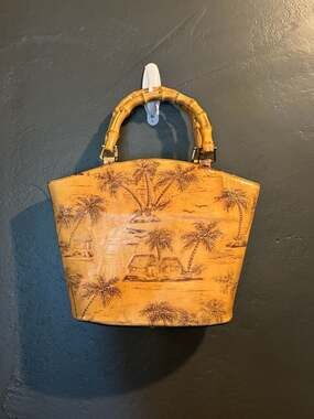 Sunset Cove Handbag Palm Trees Huts Bamboo Handles Tropical Beach Purse